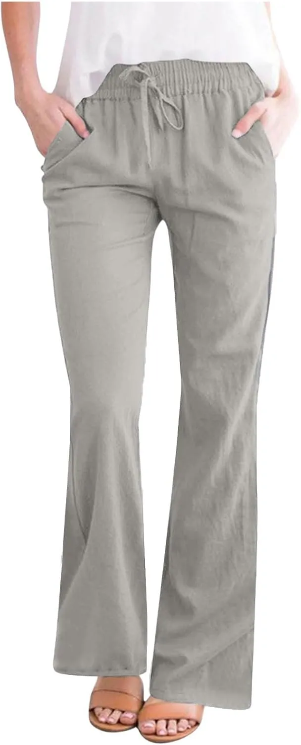 Women's Pants Casual Elastic High Waist Drawstring Lounge Trousers Wide Leg Flare Pant Summer Office Slacks