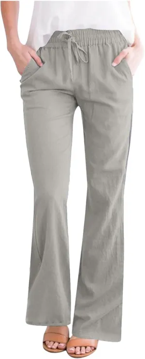 Women's Pants Casual Elastic High Waist Drawstring Lounge Trousers Wide Leg Flare Pant Summer Office Slacks