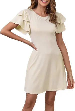 Womens Ruffle Sleeve Elegant Wedding Mini Dress High Waisted Slim Solid Sundress with Pocket 2024 Summer A-Line Beach Dresses