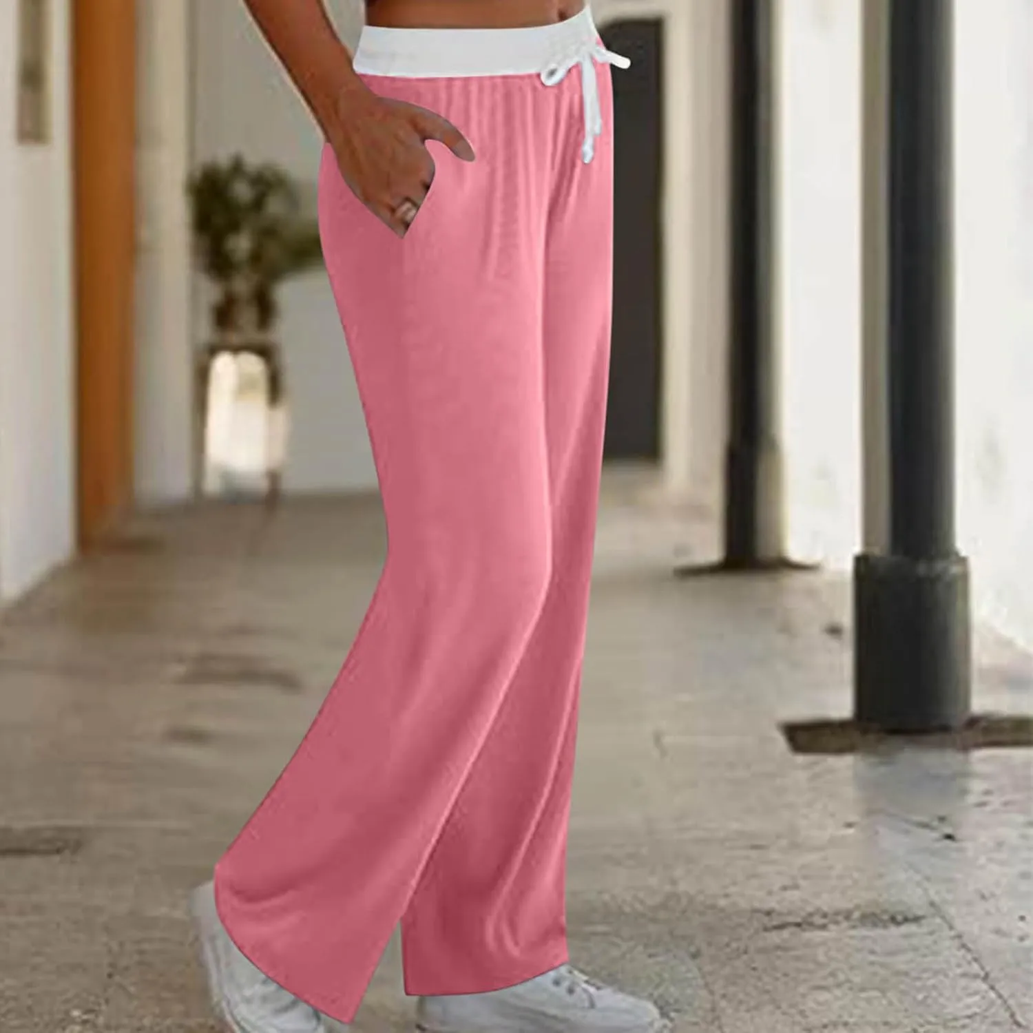 Women's Sweatpants Fashion Drawstring High Waist Lounge Pants with Pockets Summer Wide Leg Athletic Workout Trousers