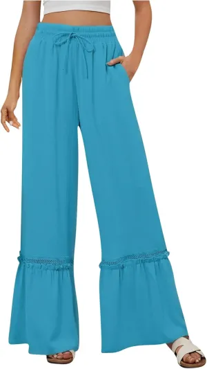 Women's Wide Leg Palazzo Pants Drawstring High Waisted Lace Patchwork Flowy Pant Summer Beach Lounge Trousers