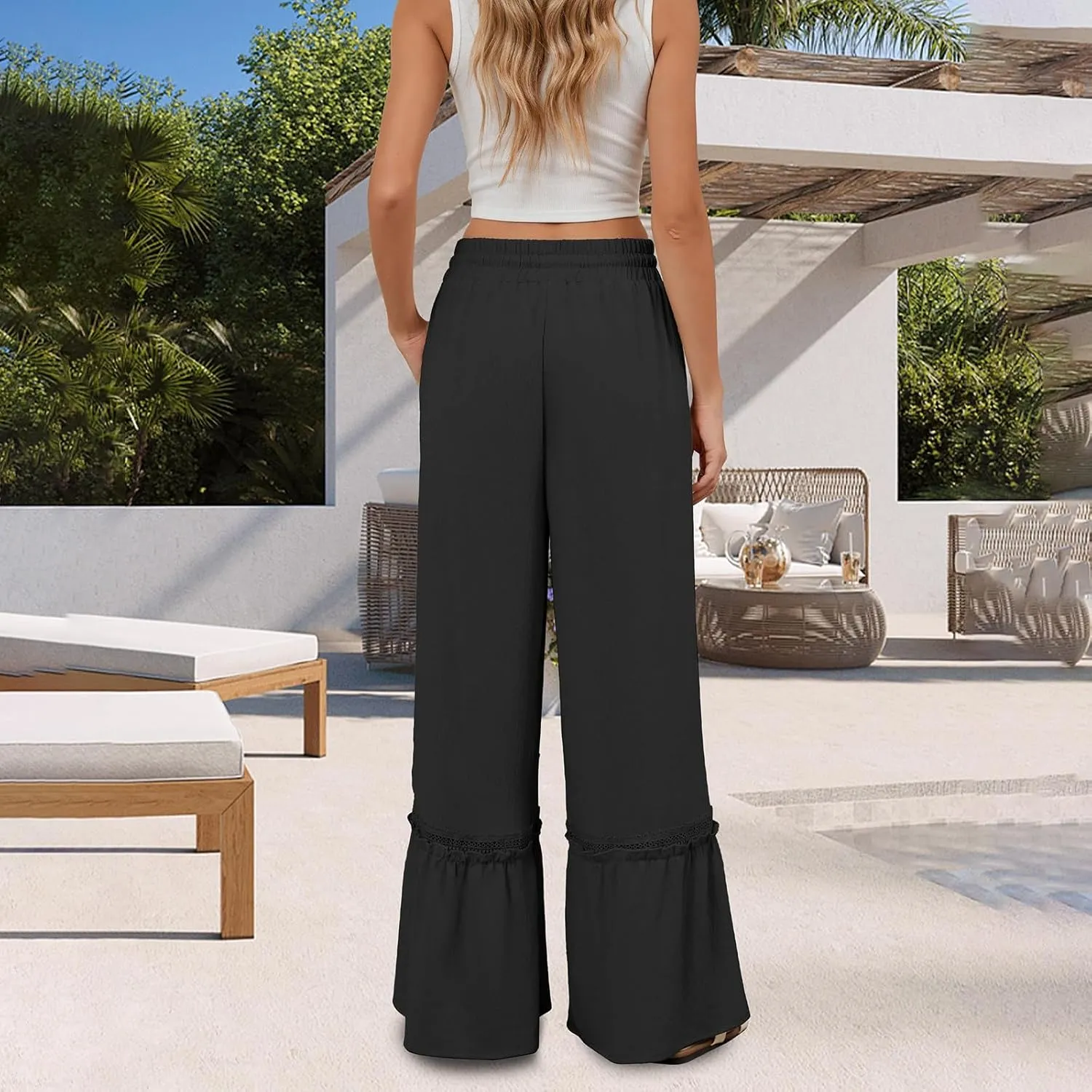 Women's Wide Leg Palazzo Pants Drawstring High Waisted Lace Patchwork Flowy Pant Summer Beach Lounge Trousers