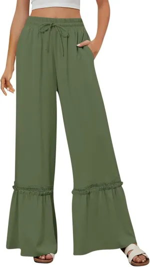 Women's Wide Leg Palazzo Pants Drawstring High Waisted Lace Patchwork Flowy Pant Summer Beach Lounge Trousers