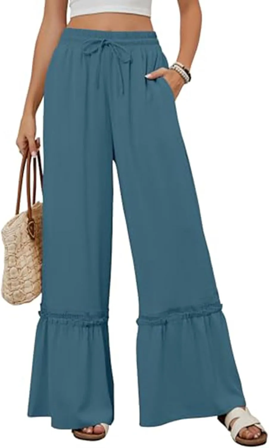 Women's Wide Leg Palazzo Pants Drawstring High Waisted Lace Patchwork Flowy Pant Summer Beach Lounge Trousers