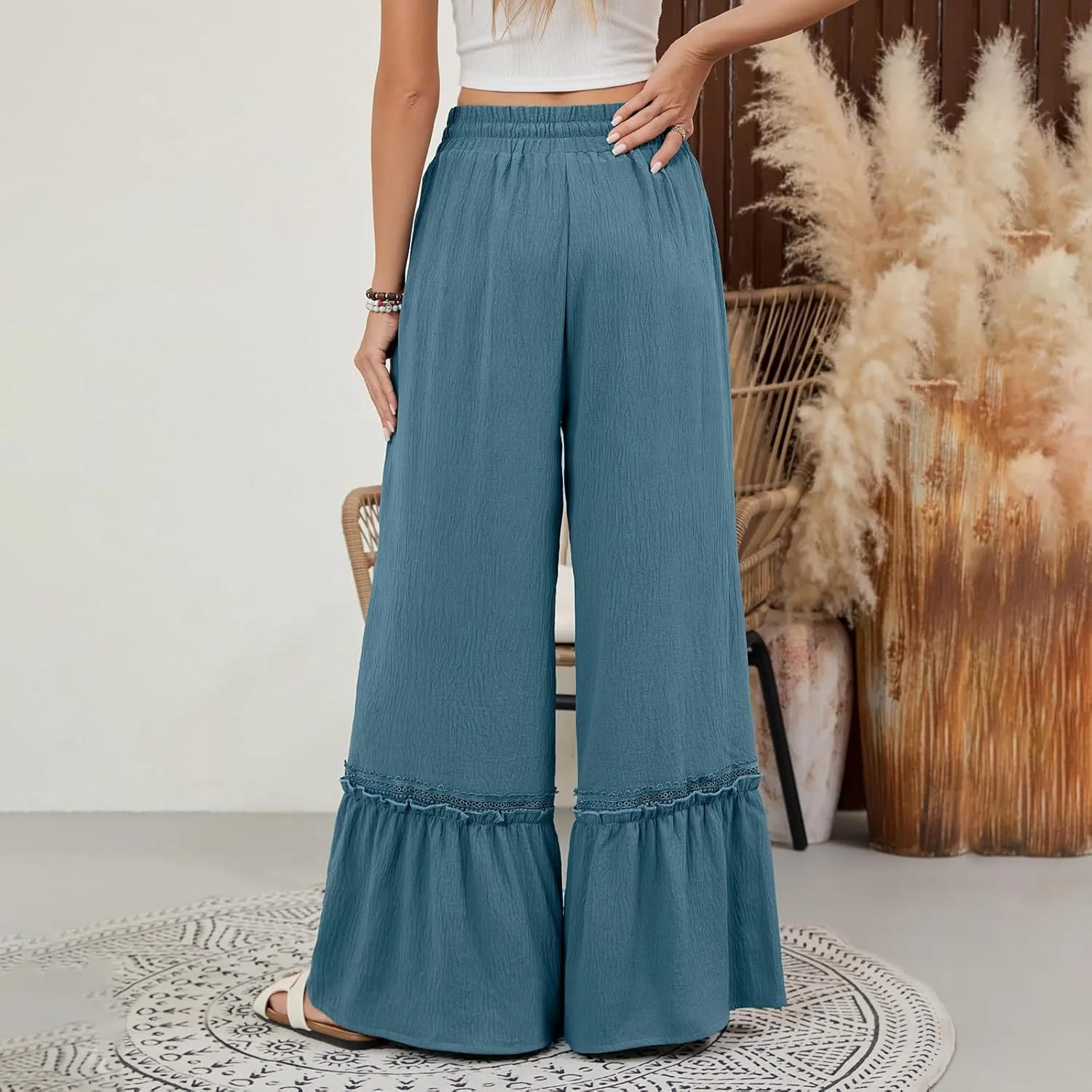 Women's Wide Leg Palazzo Pants Drawstring High Waisted Lace Patchwork Flowy Pant Summer Beach Lounge Trousers