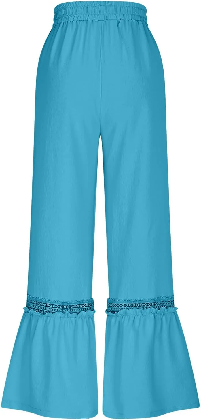 Women's Wide Leg Palazzo Pants Drawstring High Waisted Lace Patchwork Flowy Pant Summer Beach Lounge Trousers