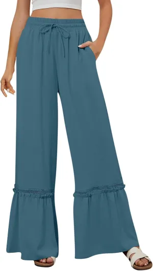 Women's Wide Leg Palazzo Pants Drawstring High Waisted Lace Patchwork Flowy Pant Summer Beach Lounge Trousers