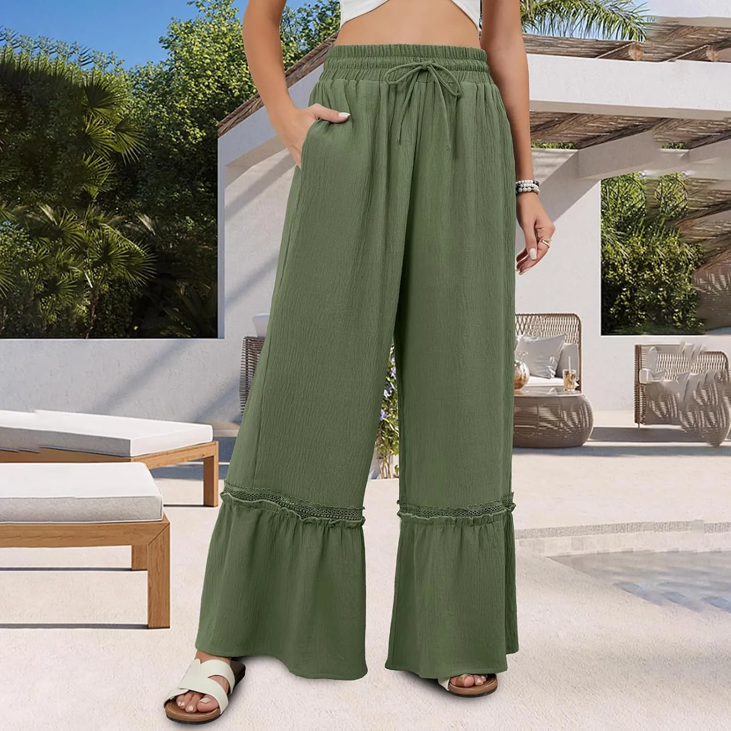 Women's Wide Leg Palazzo Pants Drawstring High Waisted Lace Patchwork Flowy Pant Summer Beach Lounge Trousers