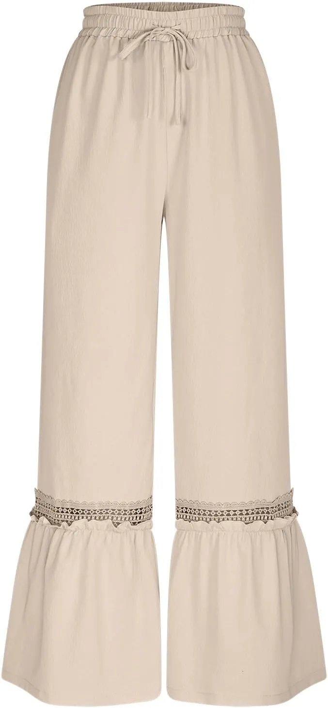 Women's Wide Leg Palazzo Pants Drawstring High Waisted Lace Patchwork Flowy Pant Summer Beach Lounge Trousers