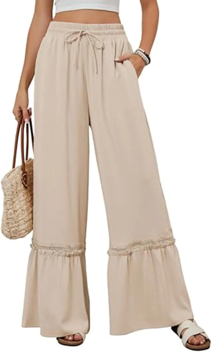 Women's Wide Leg Palazzo Pants Drawstring High Waisted Lace Patchwork Flowy Pant Summer Beach Lounge Trousers
