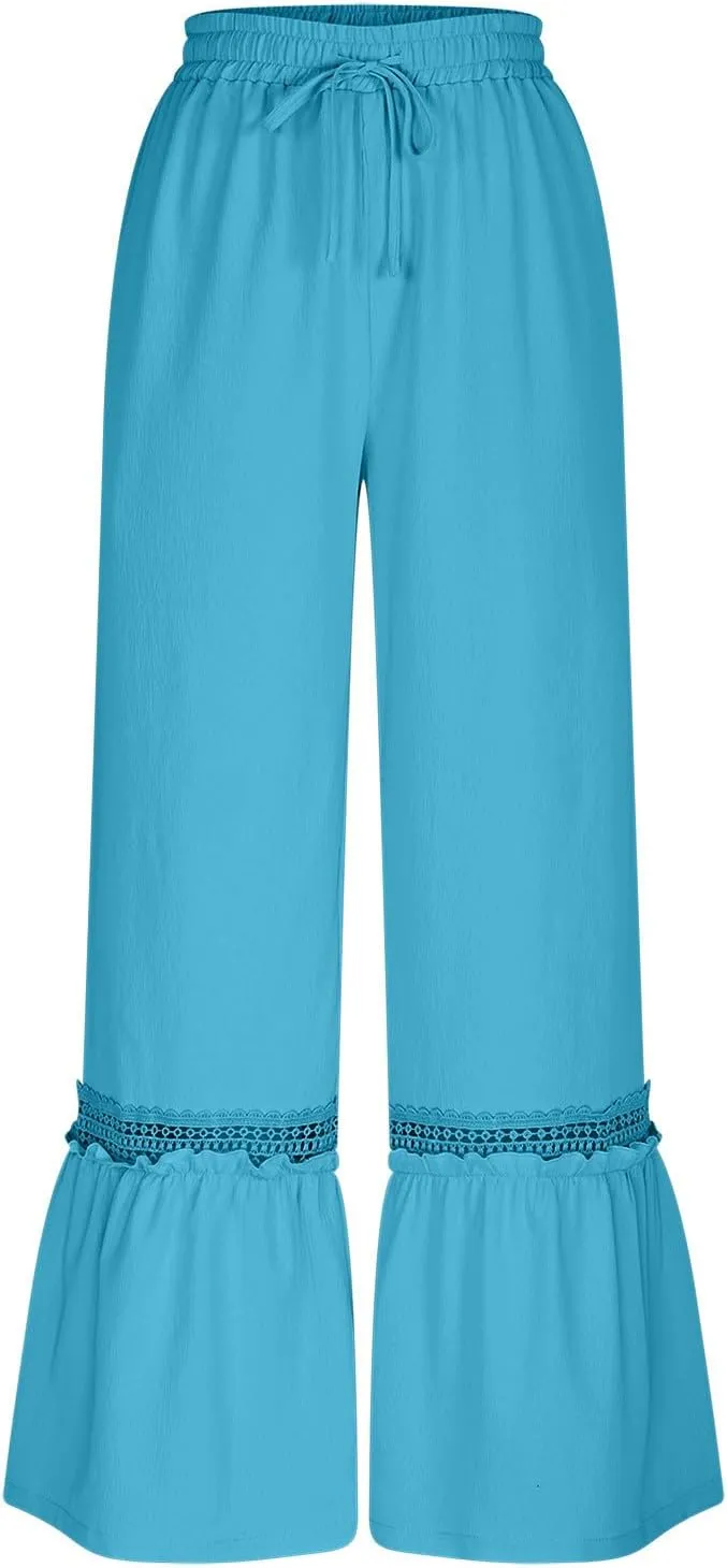Women's Wide Leg Palazzo Pants Drawstring High Waisted Lace Patchwork Flowy Pant Summer Beach Lounge Trousers