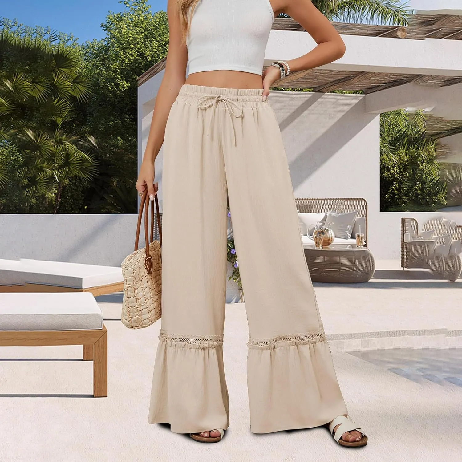 Women's Wide Leg Palazzo Pants Drawstring High Waisted Lace Patchwork Flowy Pant Summer Beach Lounge Trousers