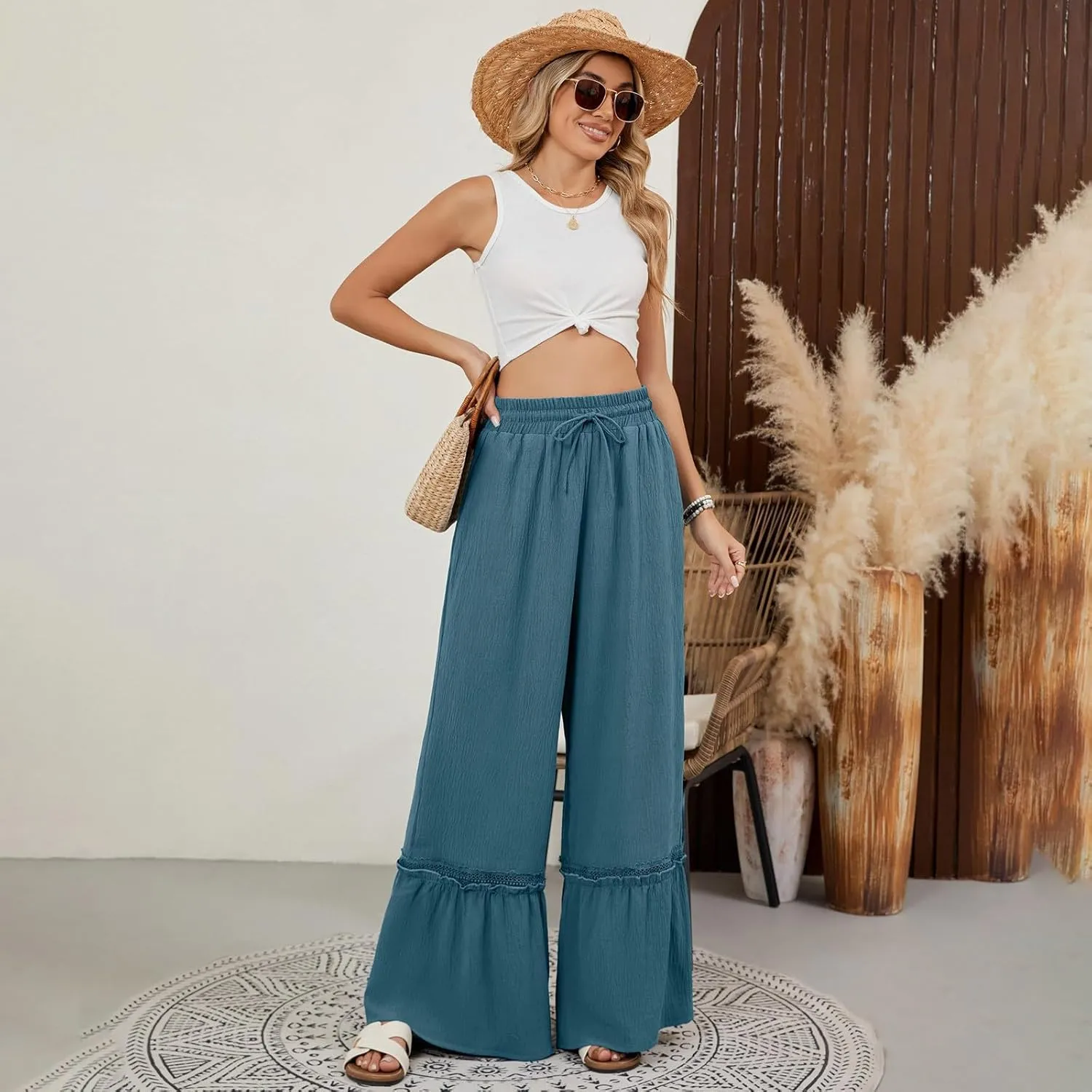 Women's Wide Leg Palazzo Pants Drawstring High Waisted Lace Patchwork Flowy Pant Summer Beach Lounge Trousers