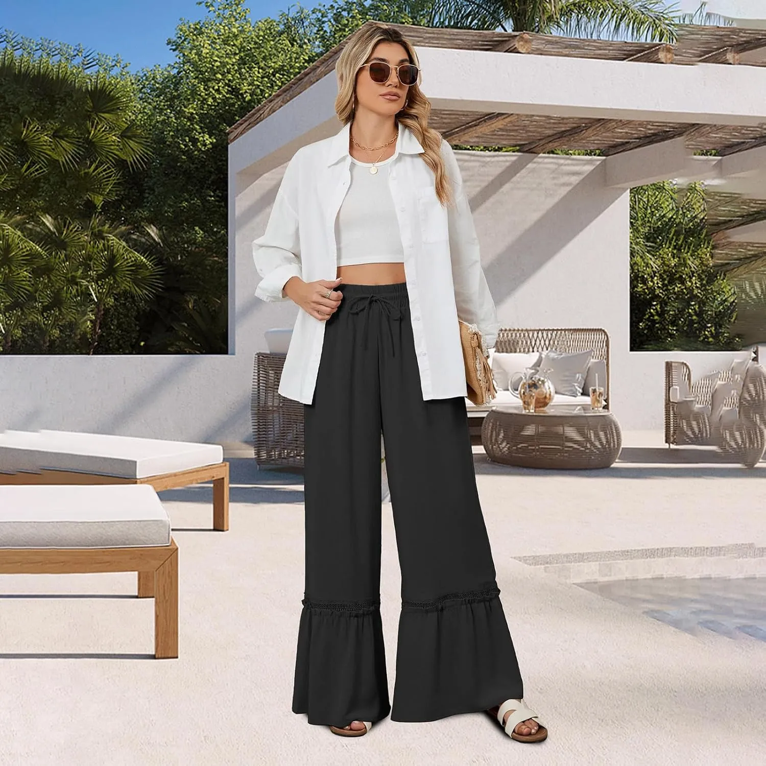 Women's Wide Leg Palazzo Pants Drawstring High Waisted Lace Patchwork Flowy Pant Summer Beach Lounge Trousers