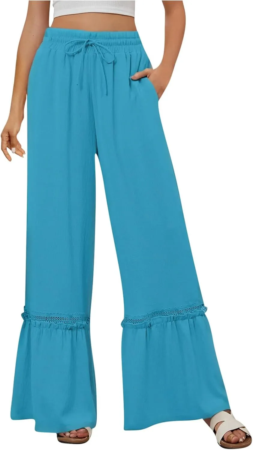 Women's Wide Leg Palazzo Pants Drawstring High Waisted Lace Patchwork Flowy Pant Summer Beach Lounge Trousers