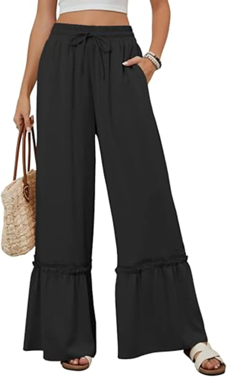 Women's Wide Leg Palazzo Pants Drawstring High Waisted Lace Patchwork Flowy Pant Summer Beach Lounge Trousers