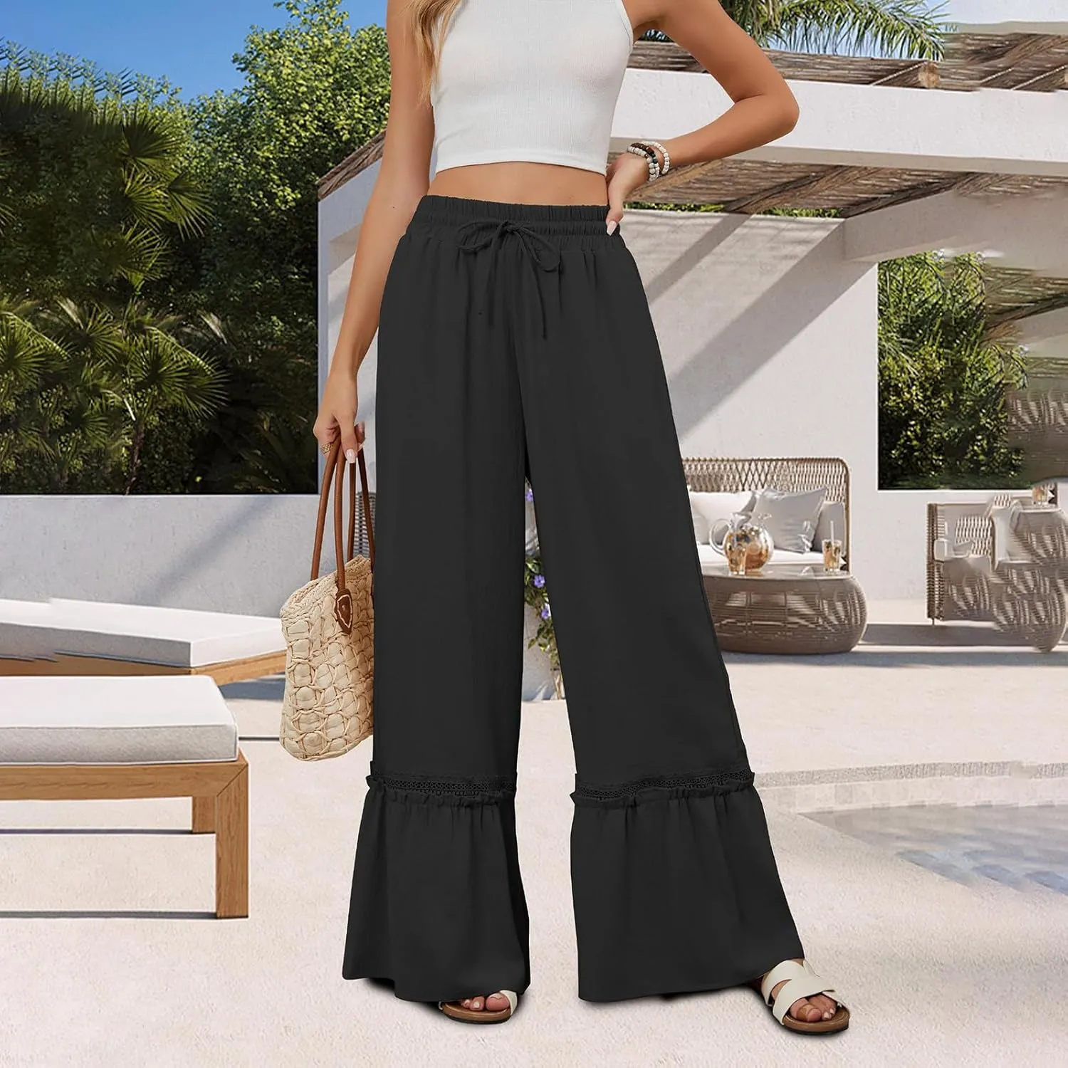 Women's Wide Leg Palazzo Pants Drawstring High Waisted Lace Patchwork Flowy Pant Summer Beach Lounge Trousers