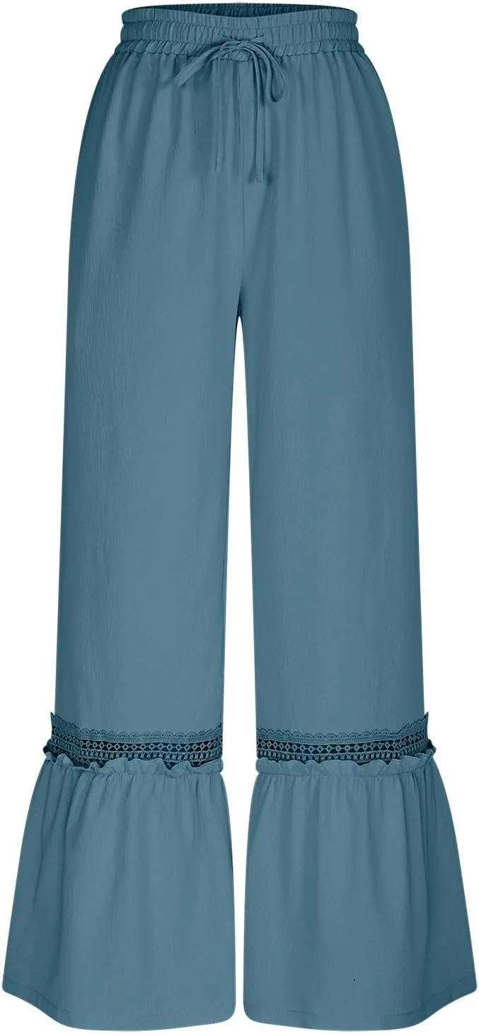 Women's Wide Leg Palazzo Pants Drawstring High Waisted Lace Patchwork Flowy Pant Summer Beach Lounge Trousers