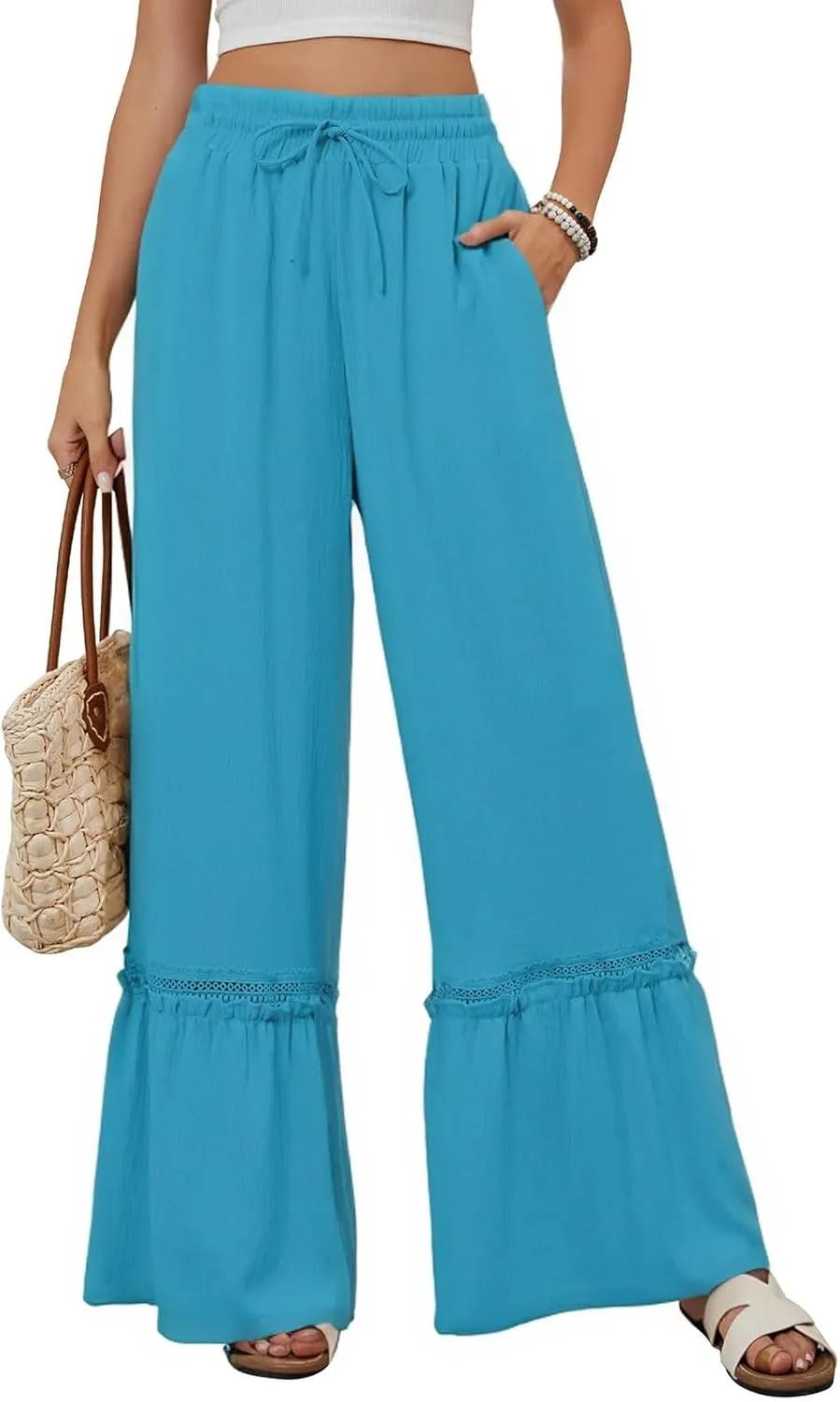 Women's Wide Leg Palazzo Pants Drawstring High Waisted Lace Patchwork Flowy Pant Summer Beach Lounge Trousers