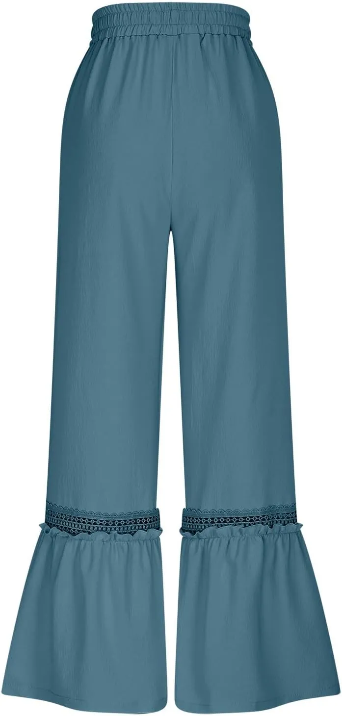 Women's Wide Leg Palazzo Pants Drawstring High Waisted Lace Patchwork Flowy Pant Summer Beach Lounge Trousers