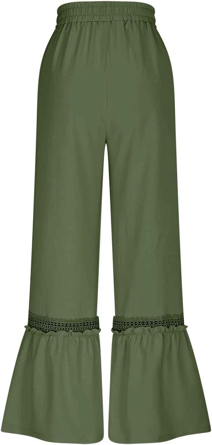 Women's Wide Leg Palazzo Pants Drawstring High Waisted Lace Patchwork Flowy Pant Summer Beach Lounge Trousers