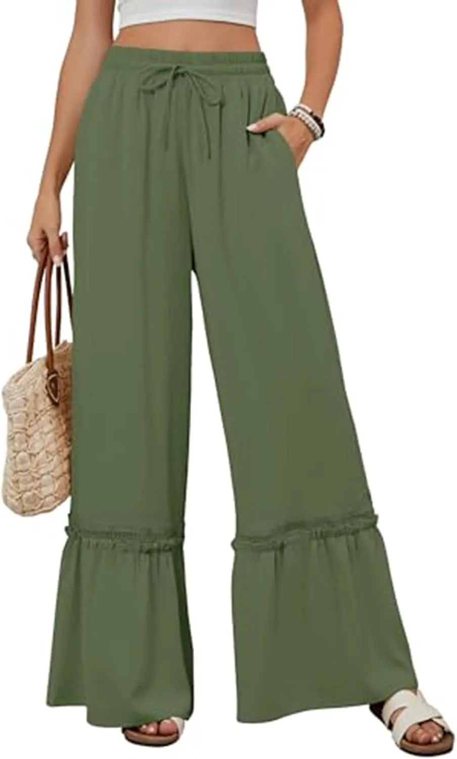 Women's Wide Leg Palazzo Pants Drawstring High Waisted Lace Patchwork Flowy Pant Summer Beach Lounge Trousers