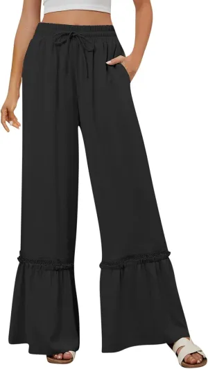 Women's Wide Leg Palazzo Pants Drawstring High Waisted Lace Patchwork Flowy Pant Summer Beach Lounge Trousers