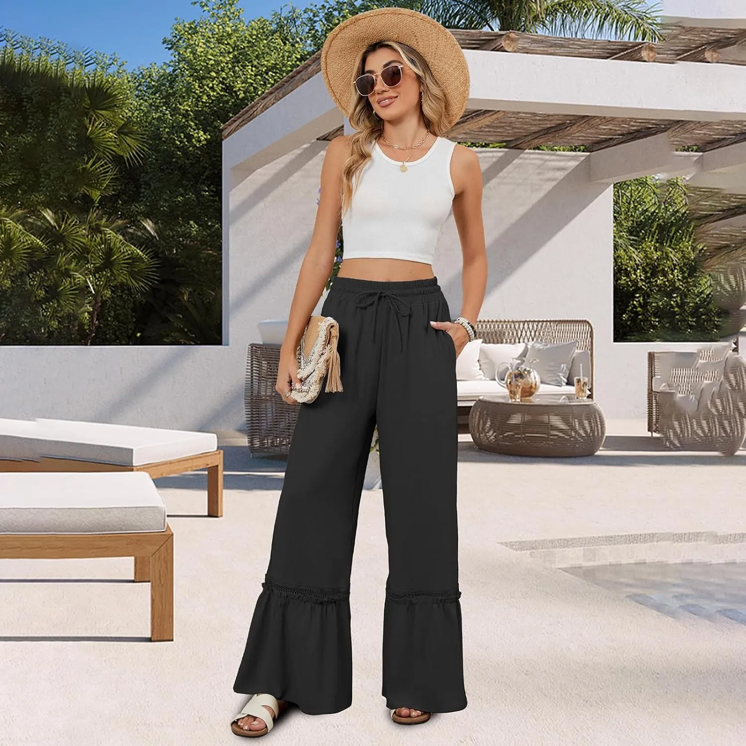 Women's Wide Leg Palazzo Pants Drawstring High Waisted Lace Patchwork Flowy Pant Summer Beach Lounge Trousers