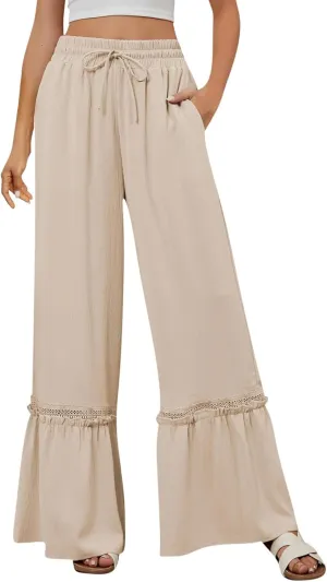 Women's Wide Leg Palazzo Pants Drawstring High Waisted Lace Patchwork Flowy Pant Summer Beach Lounge Trousers