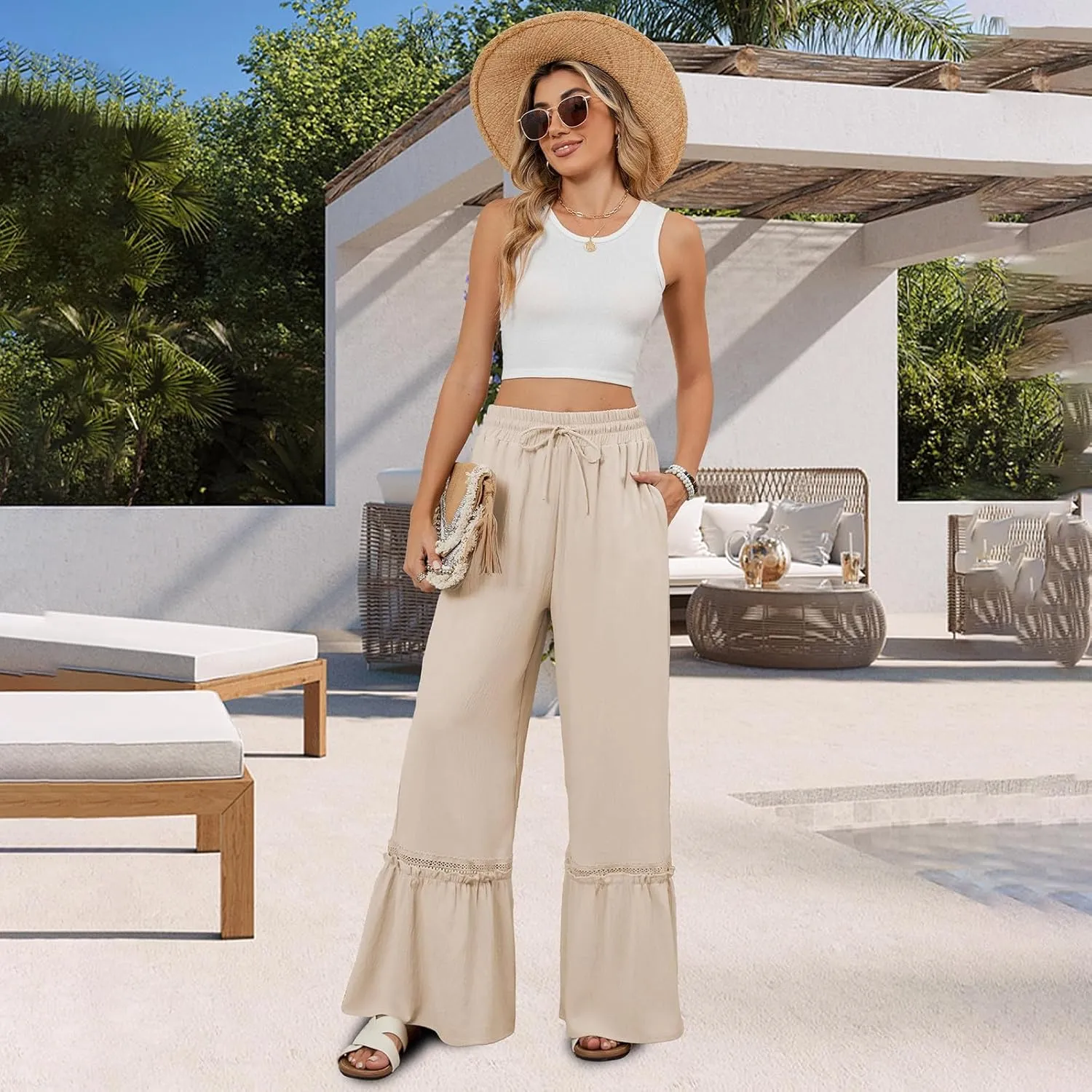 Women's Wide Leg Palazzo Pants Drawstring High Waisted Lace Patchwork Flowy Pant Summer Beach Lounge Trousers
